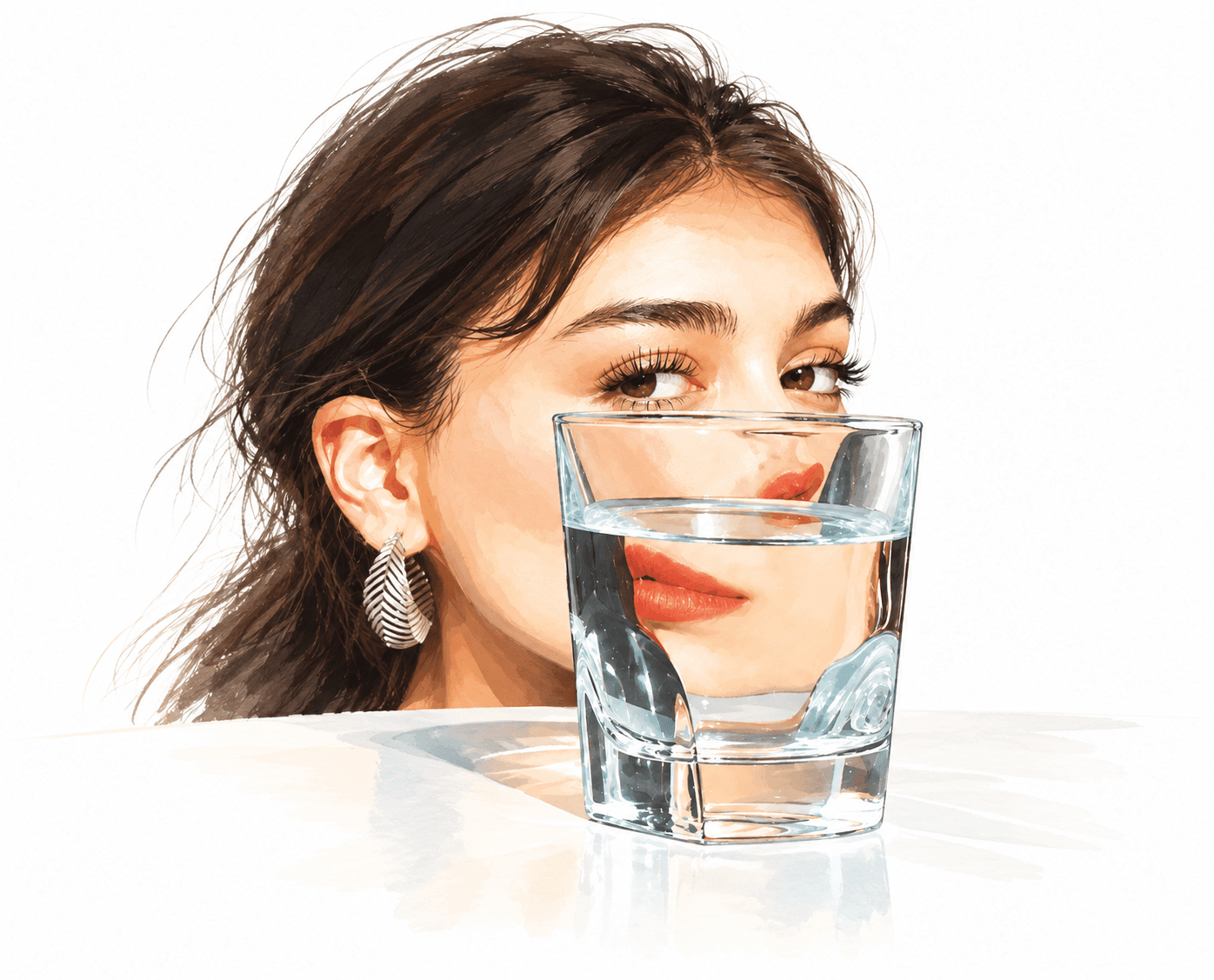Retrato editorial visto a través de un vaso de agua